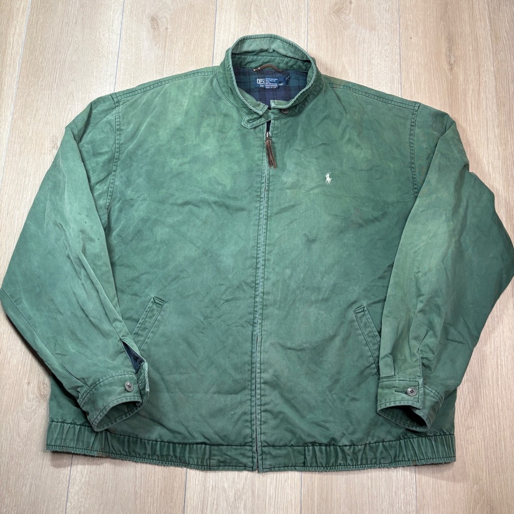 Polo Ralph Lauren Vintage Harrington Jacket Green Plaid Lined XL Distressed